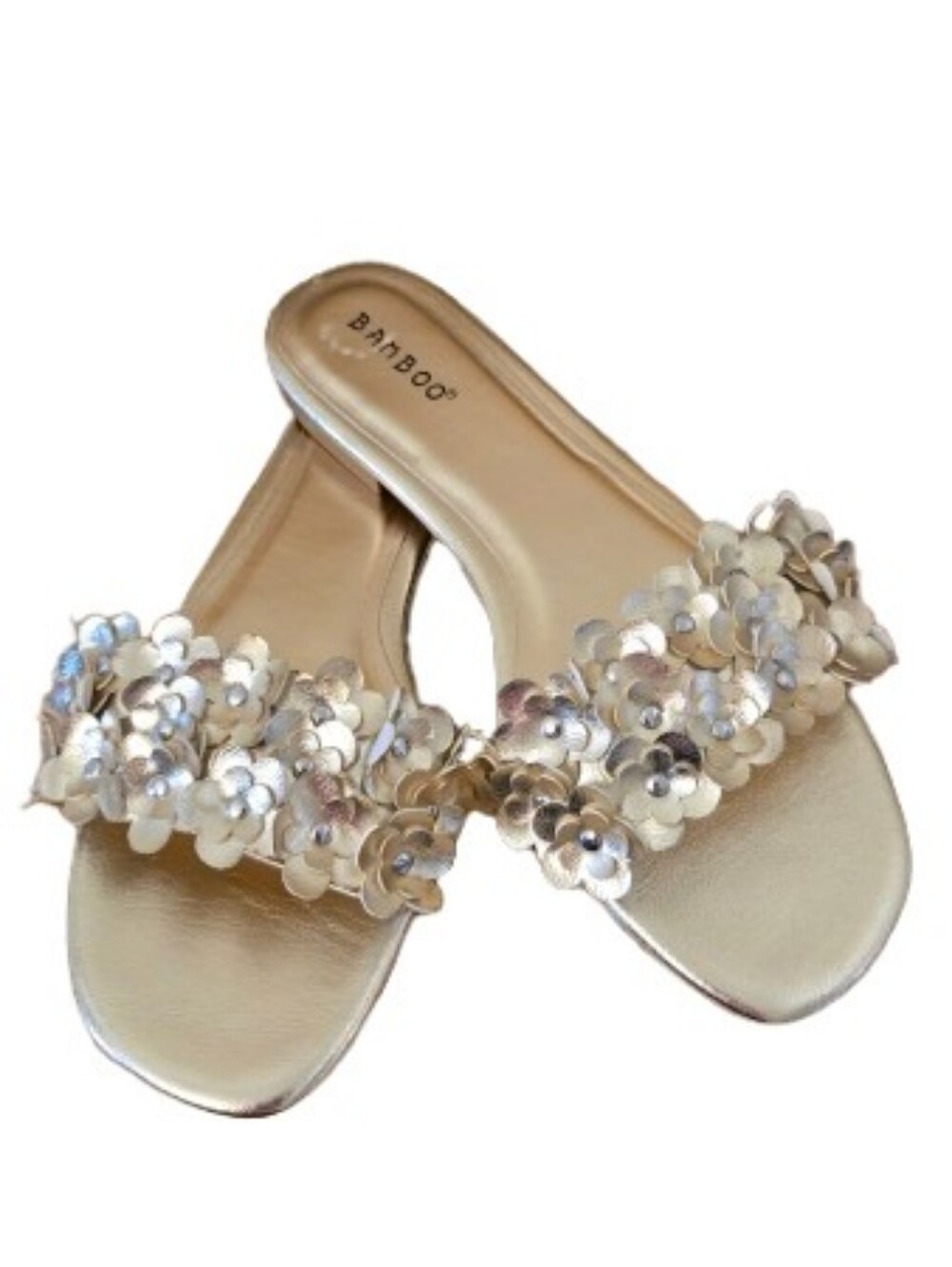 Metallic Gold Slide-In Floral Flat Sandals. Sz 8